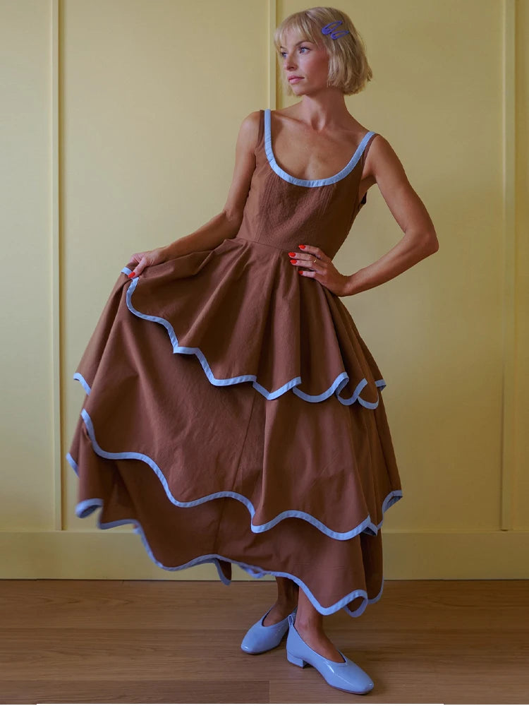 Fashion Contrast Ruffle Maxi Dress Women Sexy U Neck Sleeveless High Waist Loose Long Dresses 2026 Spring Summer Lady Boho Robe