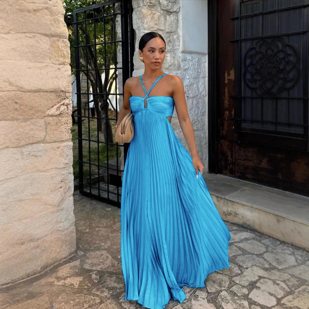 Summer 2025 Elegant Pure Color Strapless Pleated Midi Dress V-neck High-waisted Sleeveless Polyester Long Dress