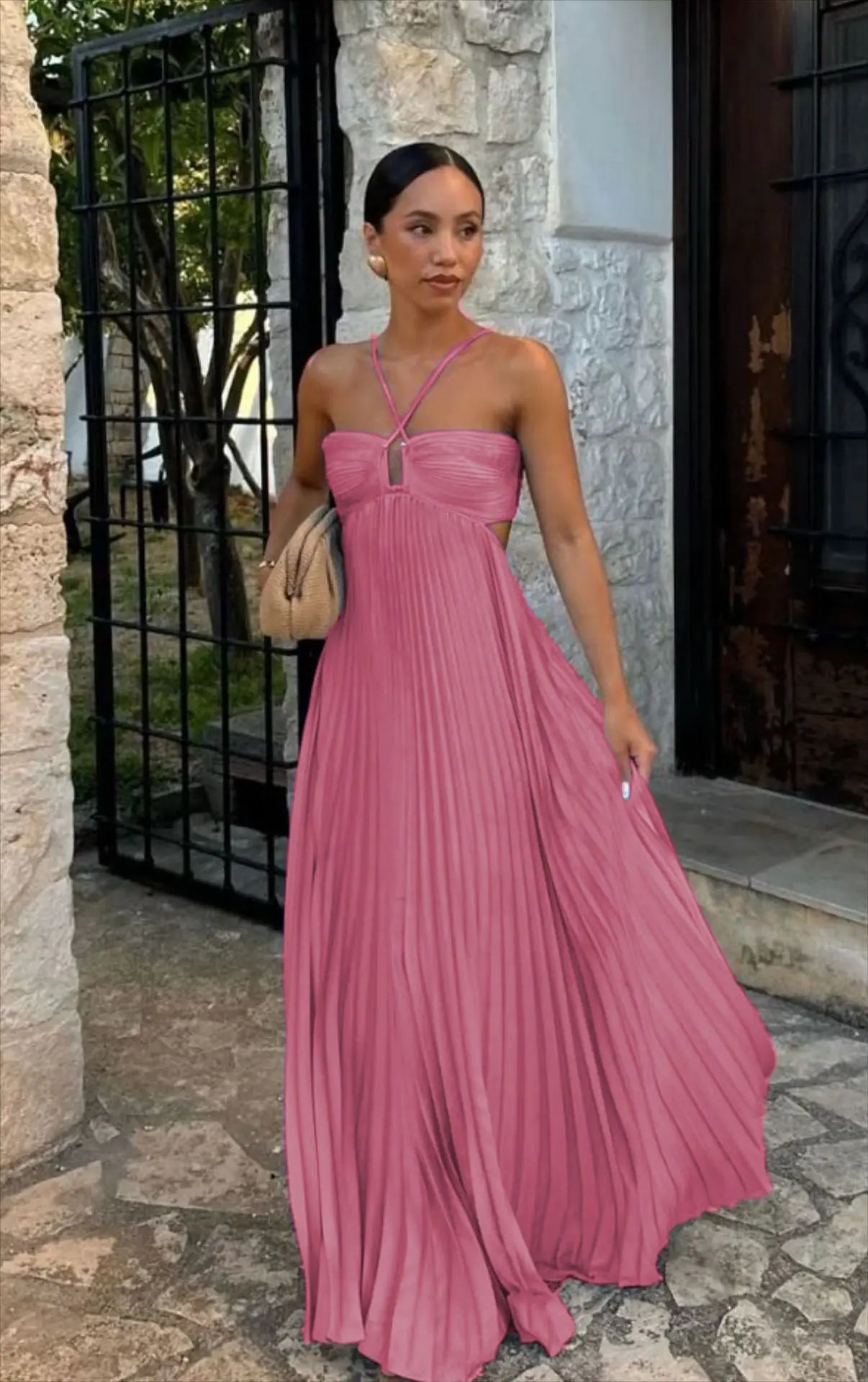 Pleated Halter Long Dress