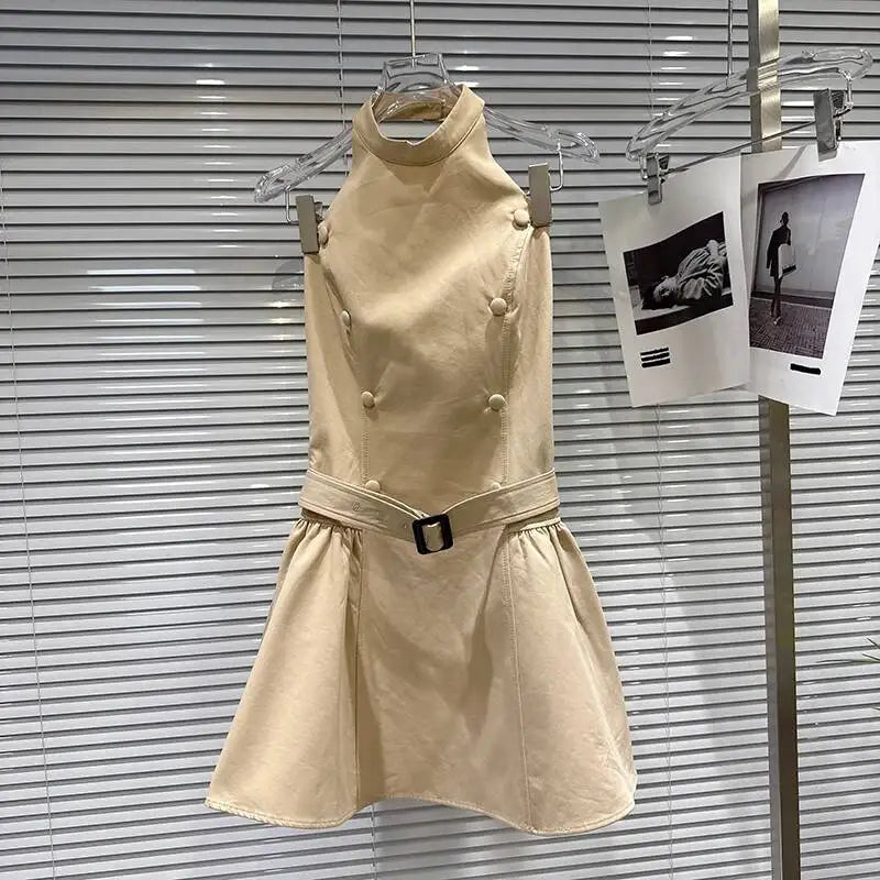 DEAT 2026 Summer New Short Cape Shawl Double-breasted Halter Backless Belt Waist-cinching Khaki Slim Dress For Women 11B795