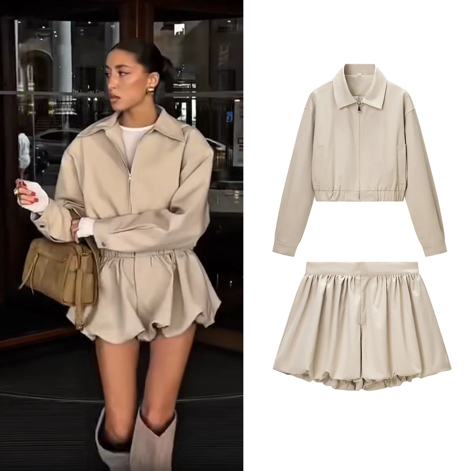 Women Fashion Casual Shorts Sets Female Zipper Jacket Long Sleeve Lapel Short Coats And Lady Chic Streetwear Balloon Shorts