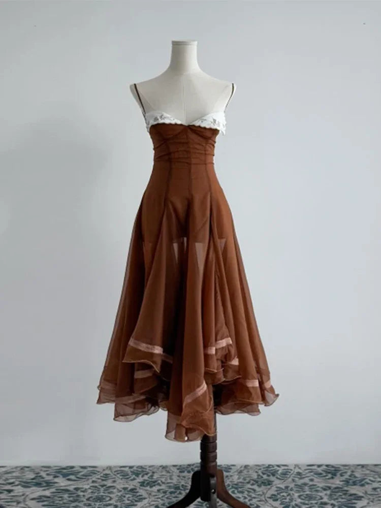 Chic Chiffon Women's Dress Sleeveless Spaghetti Strap Ruffle Hem A-line Gown Female 2026 Elegant Summer Lady Vacation Party Robe