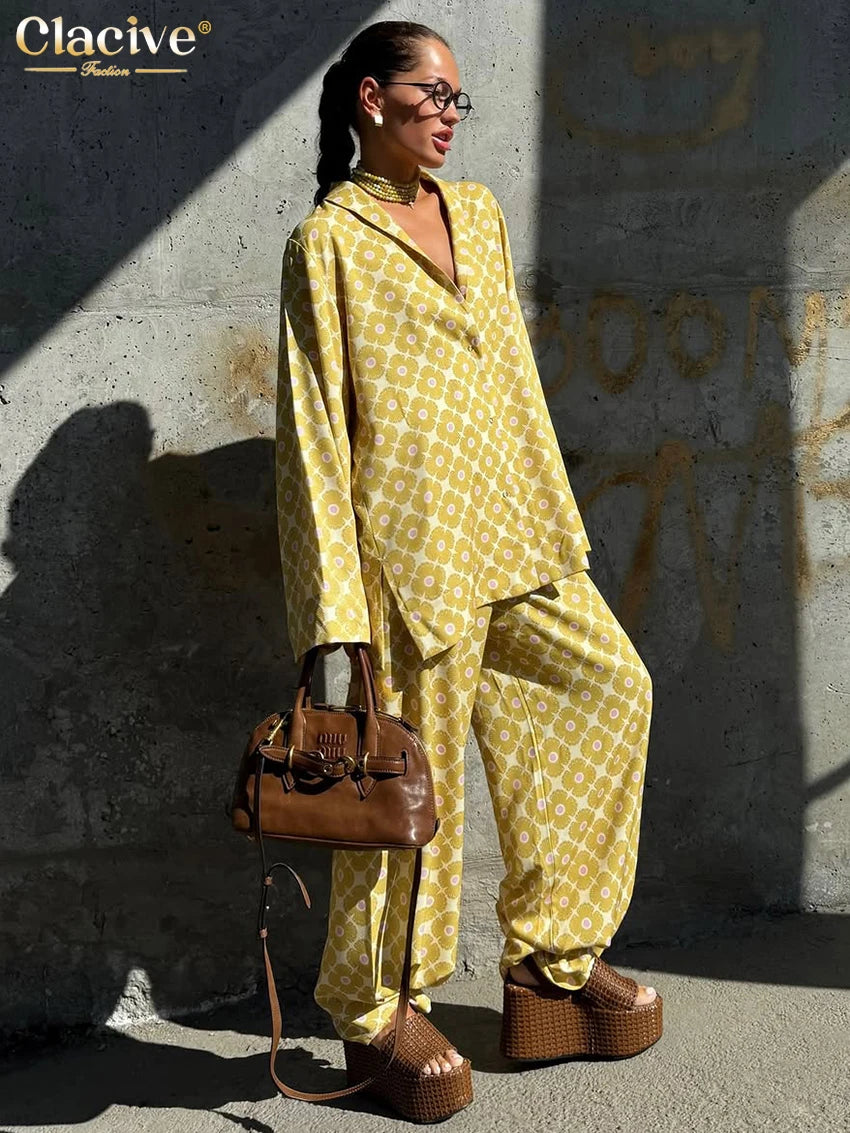 Clacive Fashion Loose Print Women's Two Pieces Set Elegant Long Sleeve Blouse With High Waist Wide Pants Set Female Streetwear