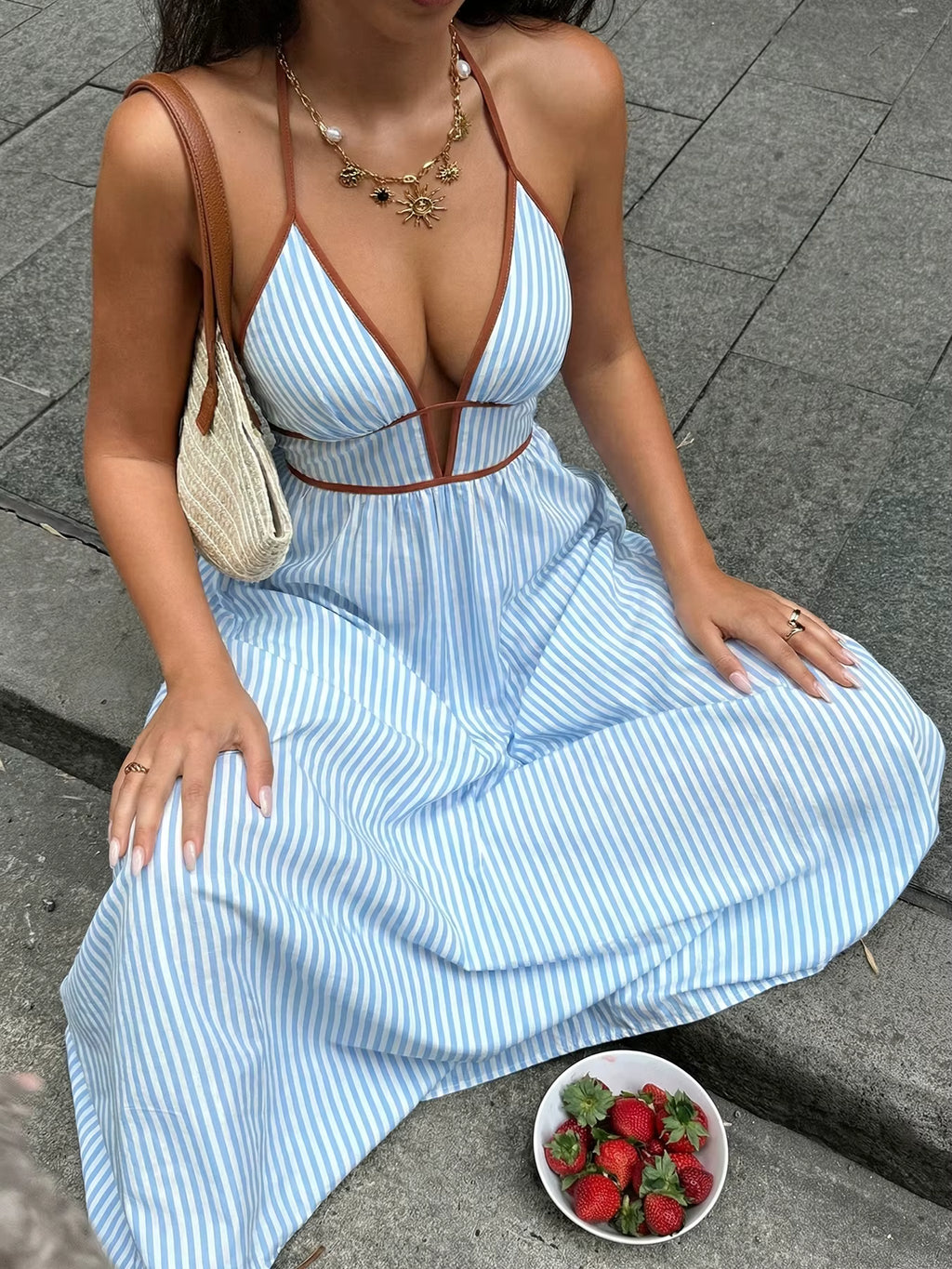Bianca Striped Plunge Maxi Dress