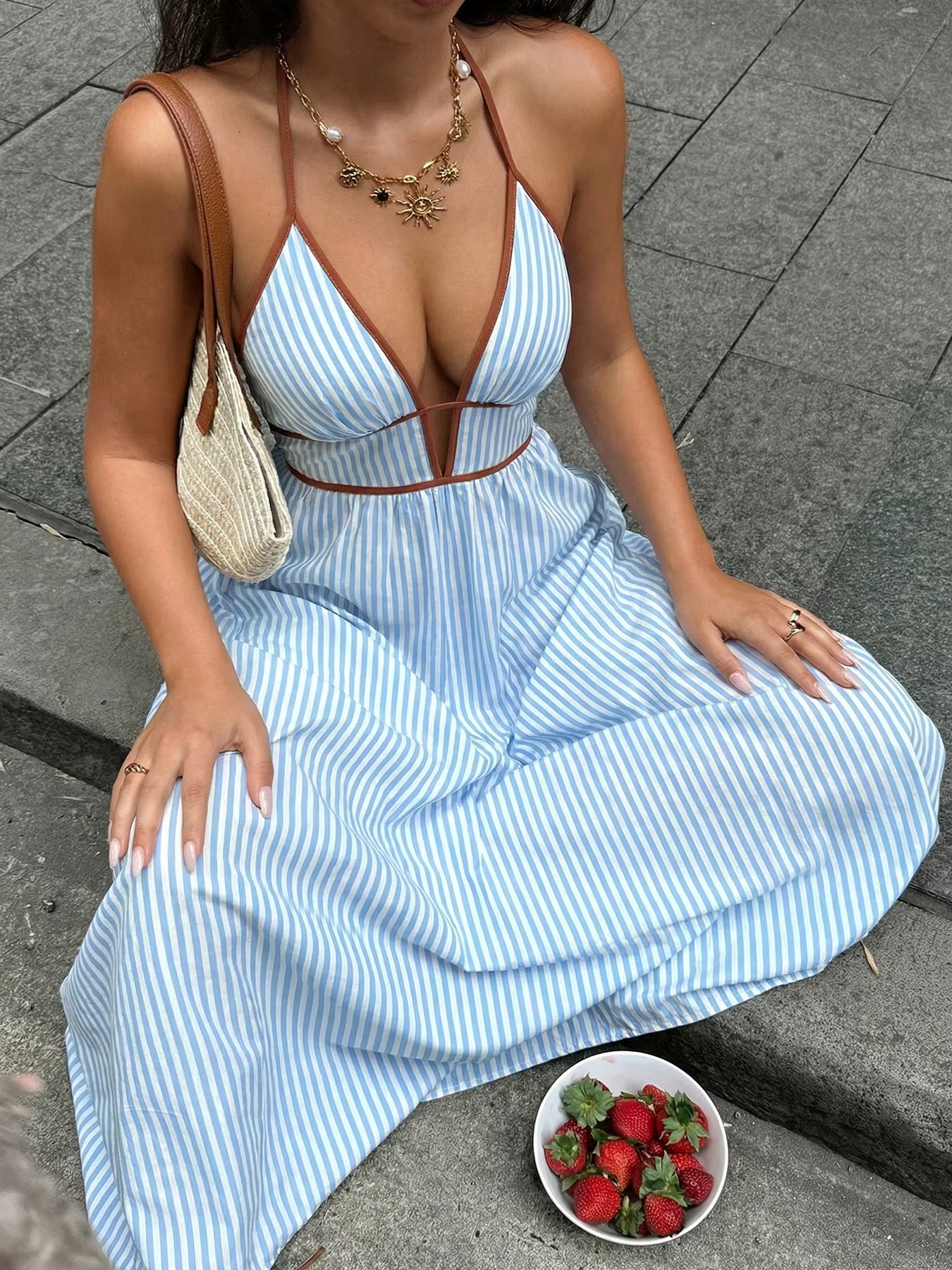 Bianca Striped Plunge Maxi Dress