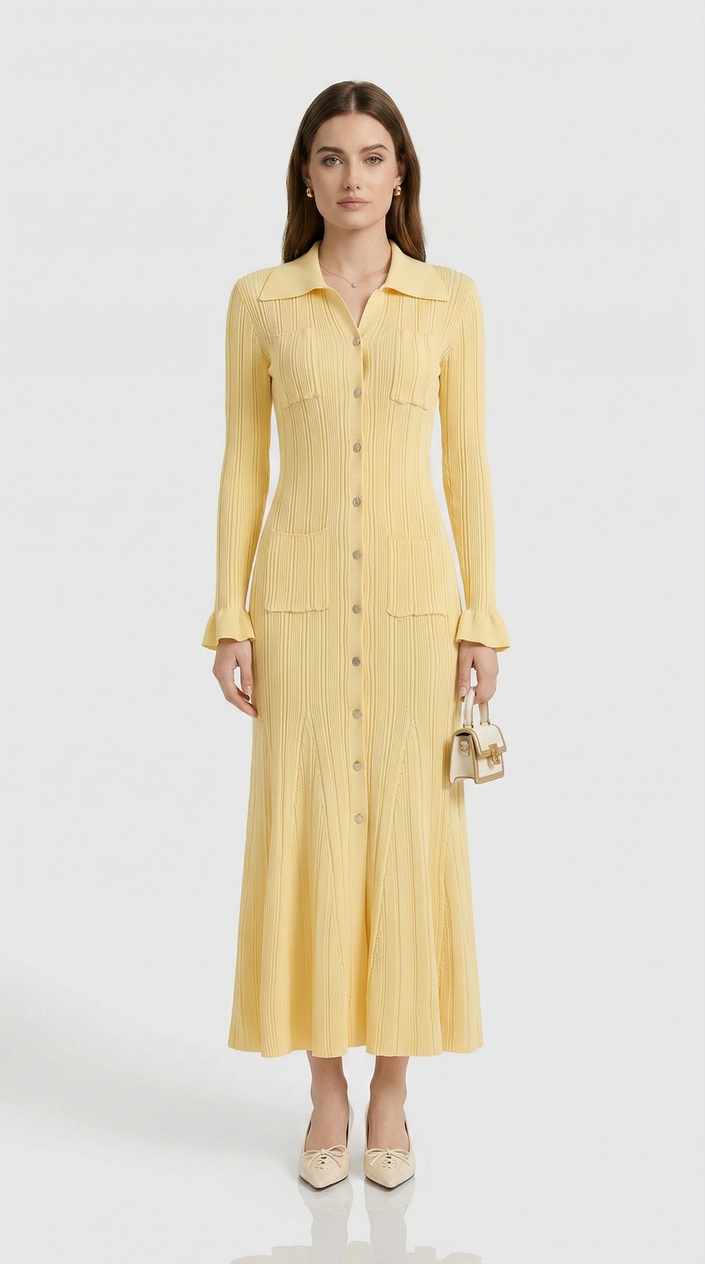 Lena Ribbed Knit Button-Down Midi Dress