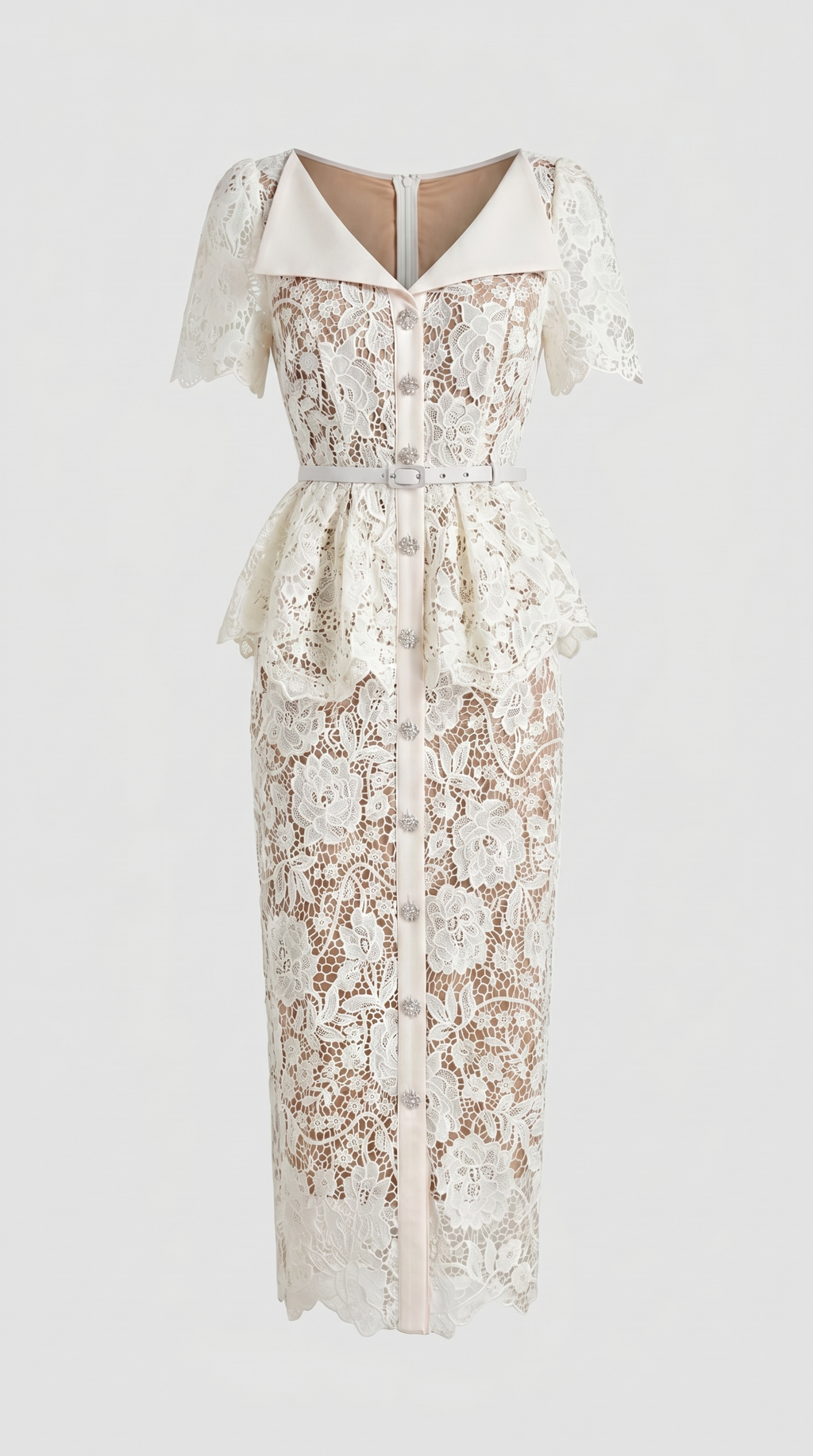 Kira Belted Peplum Lace Midi Dress