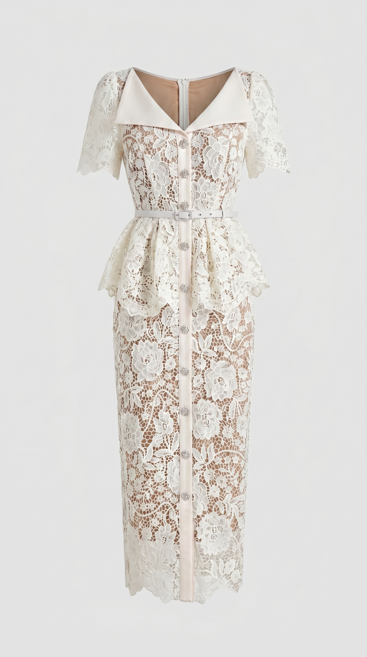 Kira Belted Peplum Lace Midi Dress