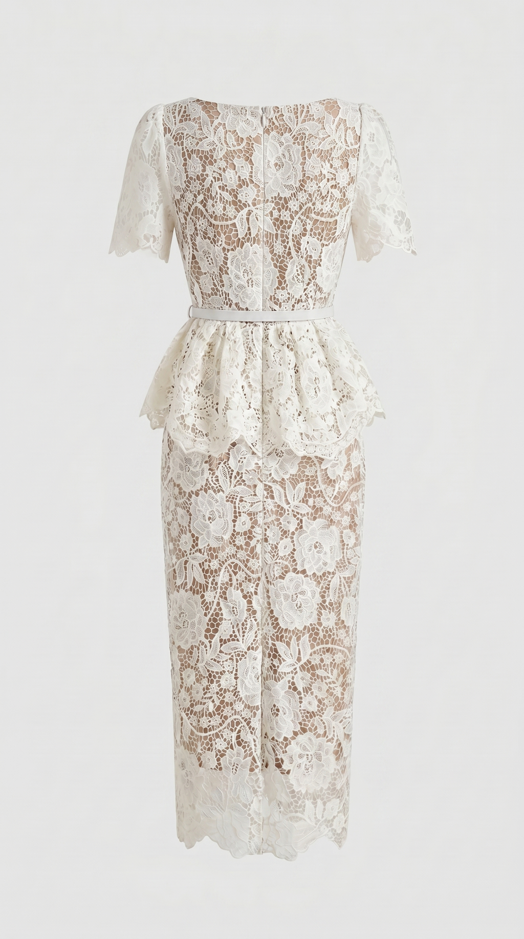 Kira Belted Peplum Lace Midi Dress