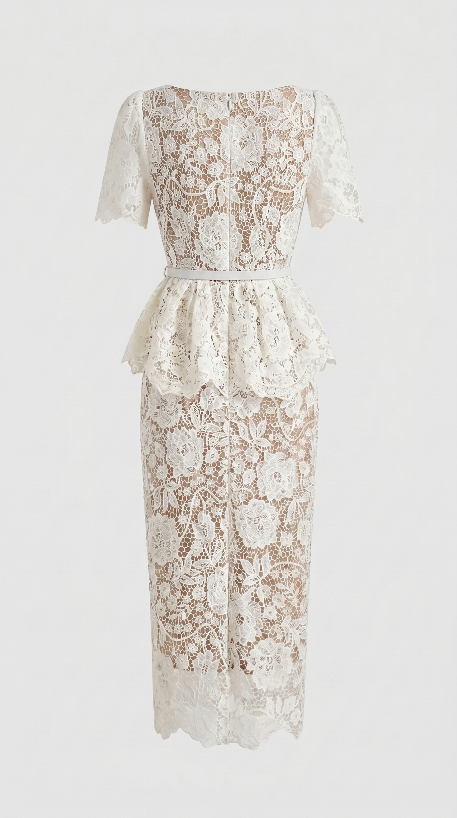 Kira Belted Peplum Lace Midi Dress