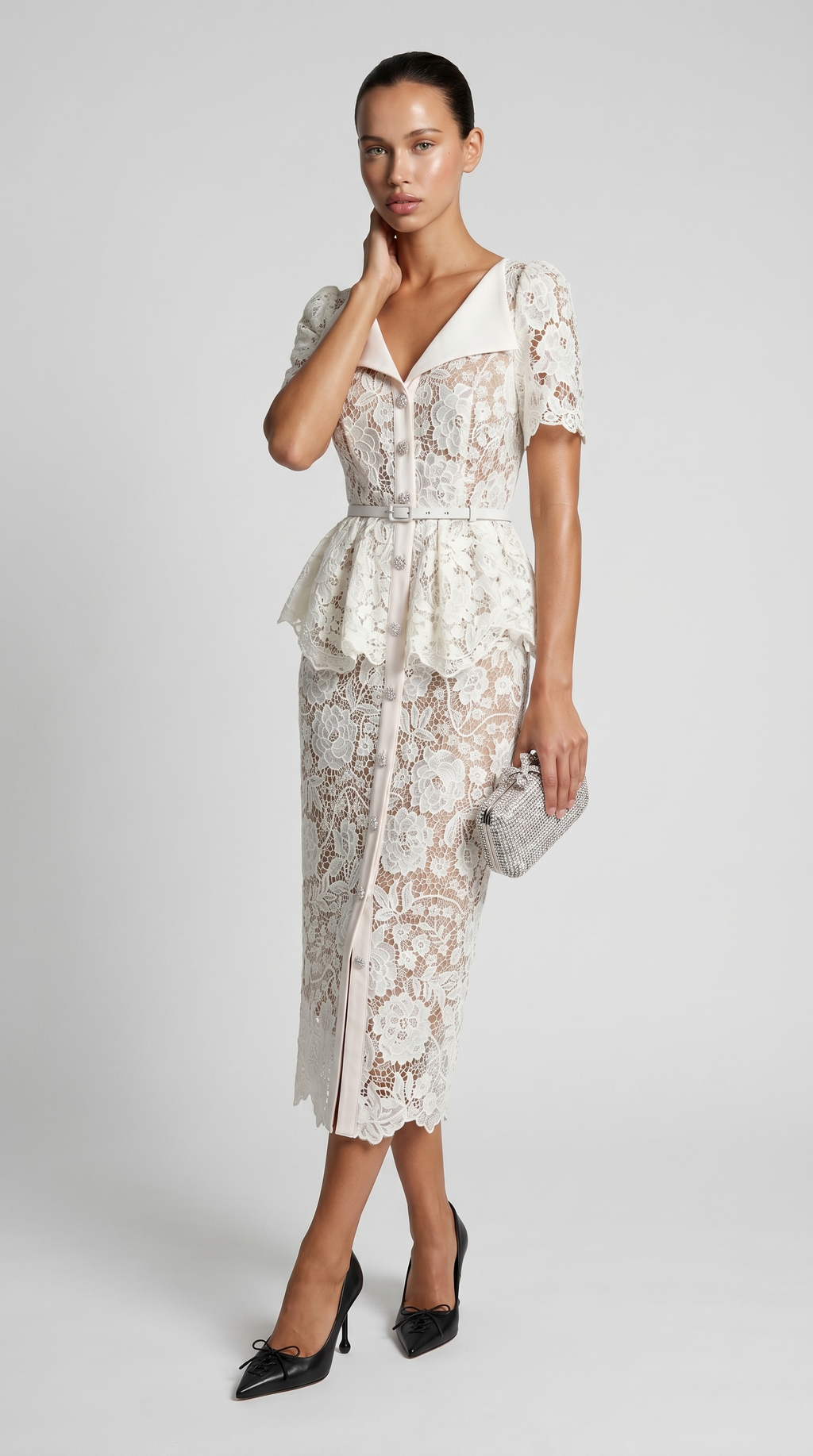 Kira Belted Peplum Lace Midi Dress