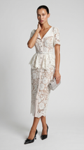 Kira Belted Peplum Lace Midi Dress