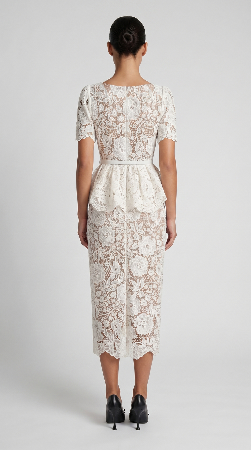 Kira Belted Peplum Lace Midi Dress