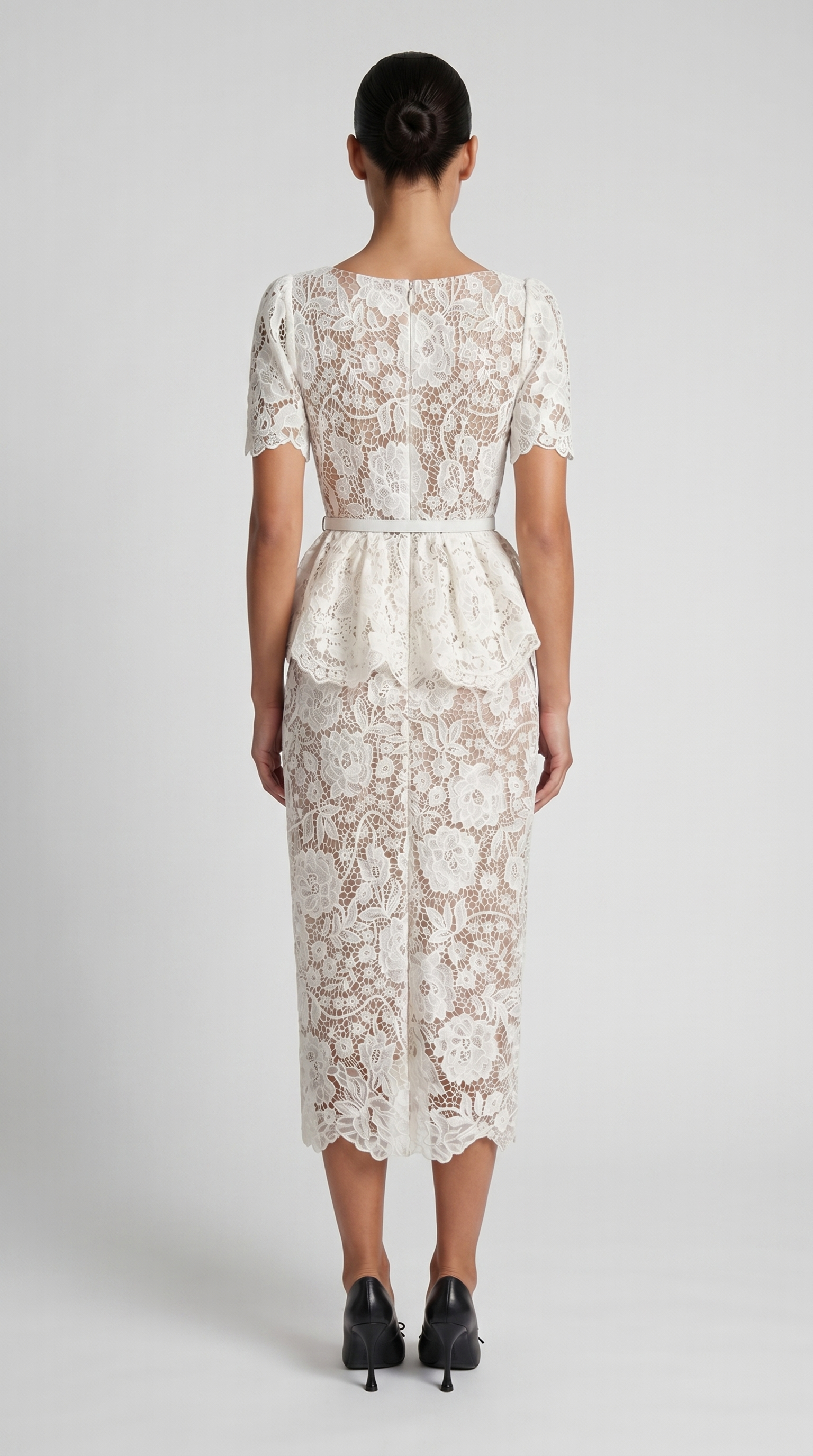 Kira Belted Peplum Lace Midi Dress