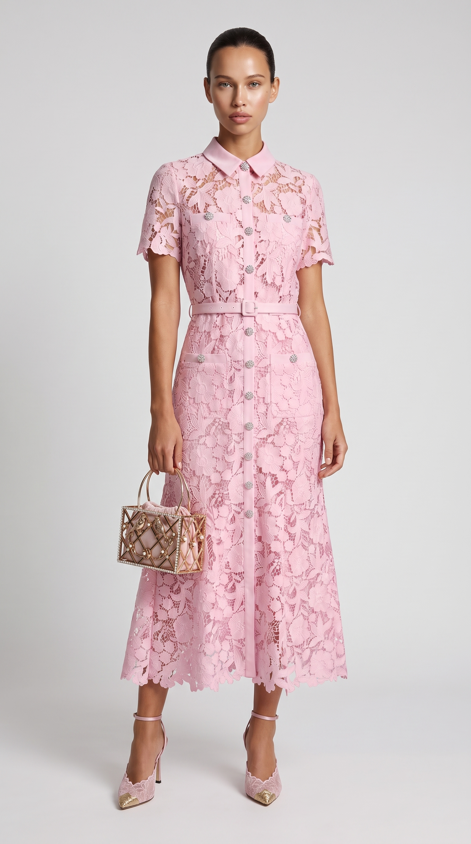 Mia Belted Floral Lace Midi Dress