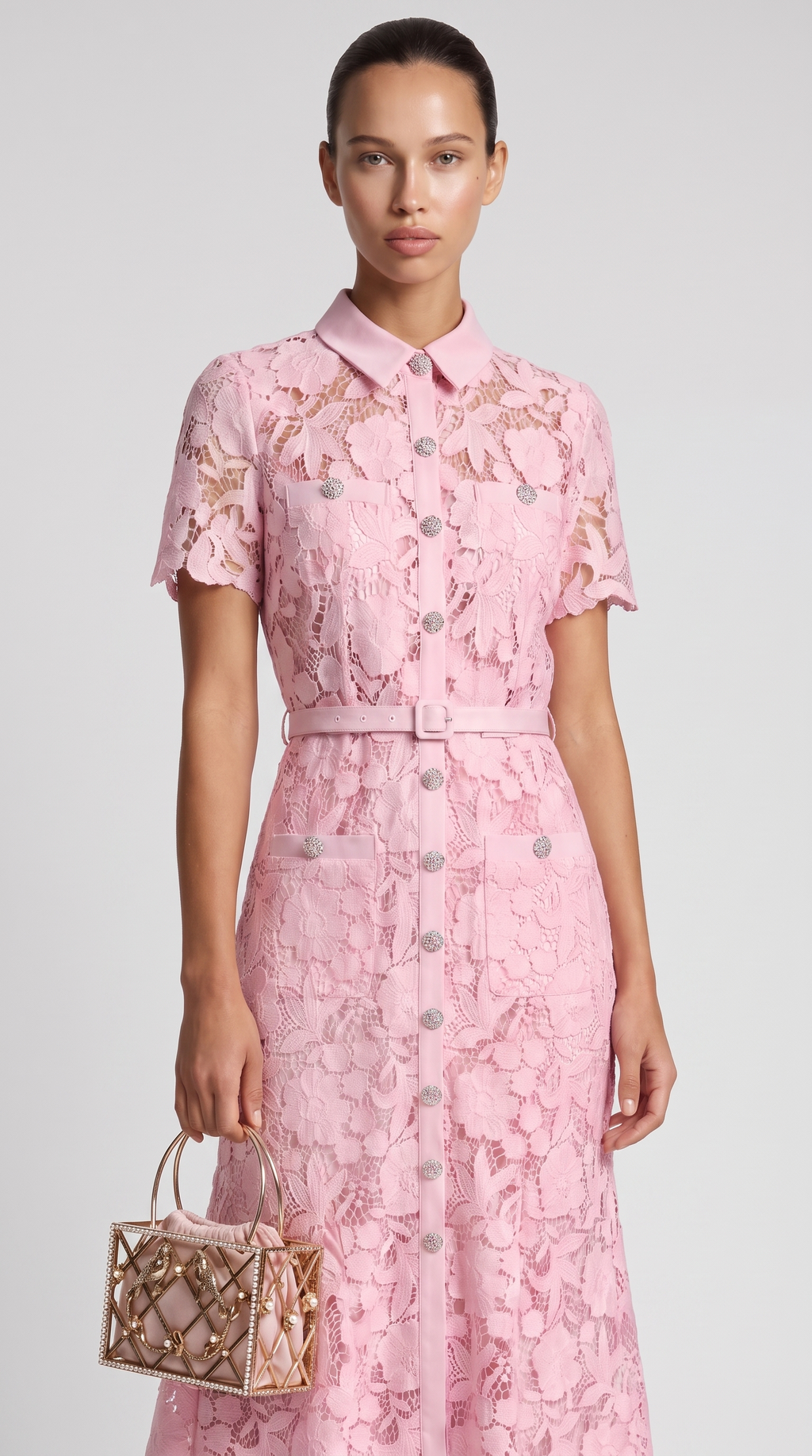 Mia Belted Floral Lace Midi Dress