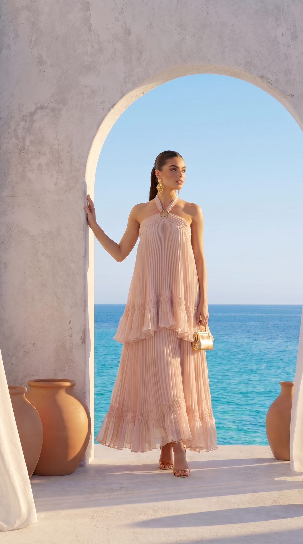 Mila Plissé Halter Maxi Gown