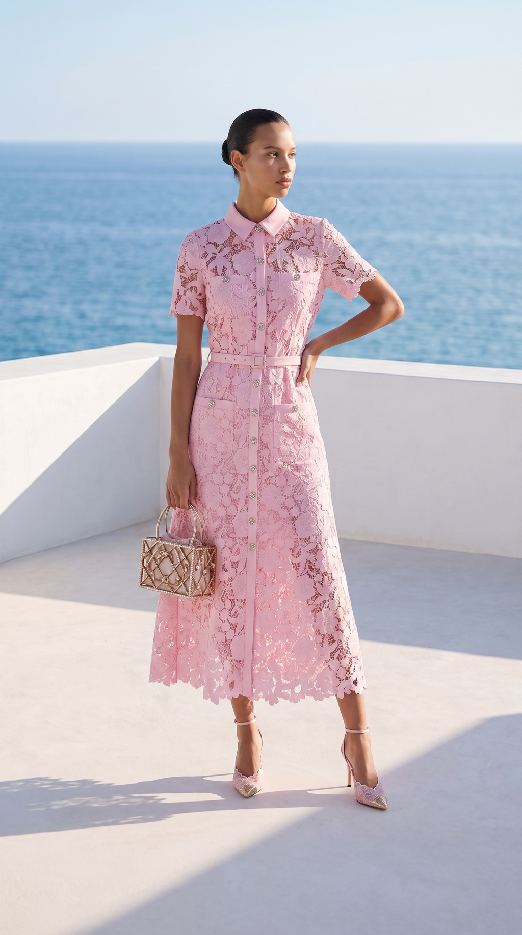Mia Belted Floral Lace Midi Dress