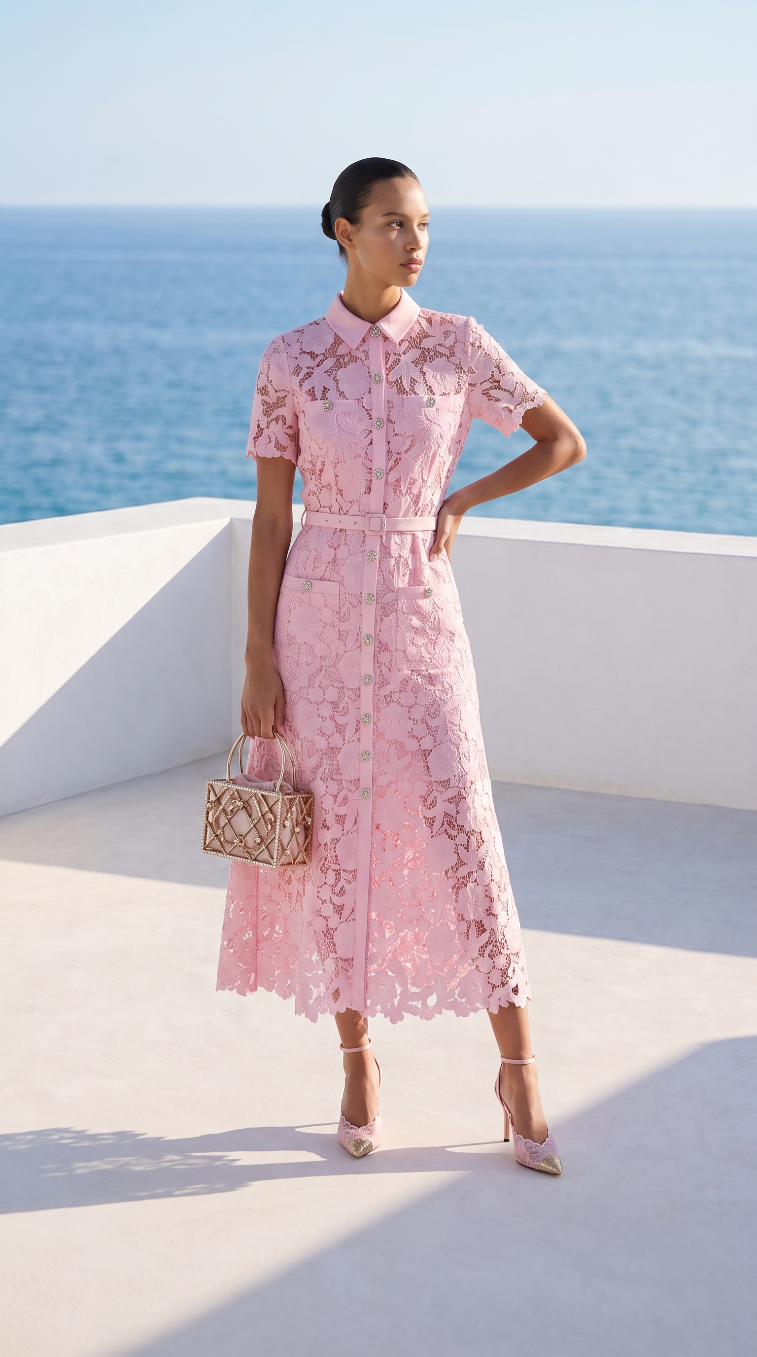 Mia Belted Floral Lace Midi Dress