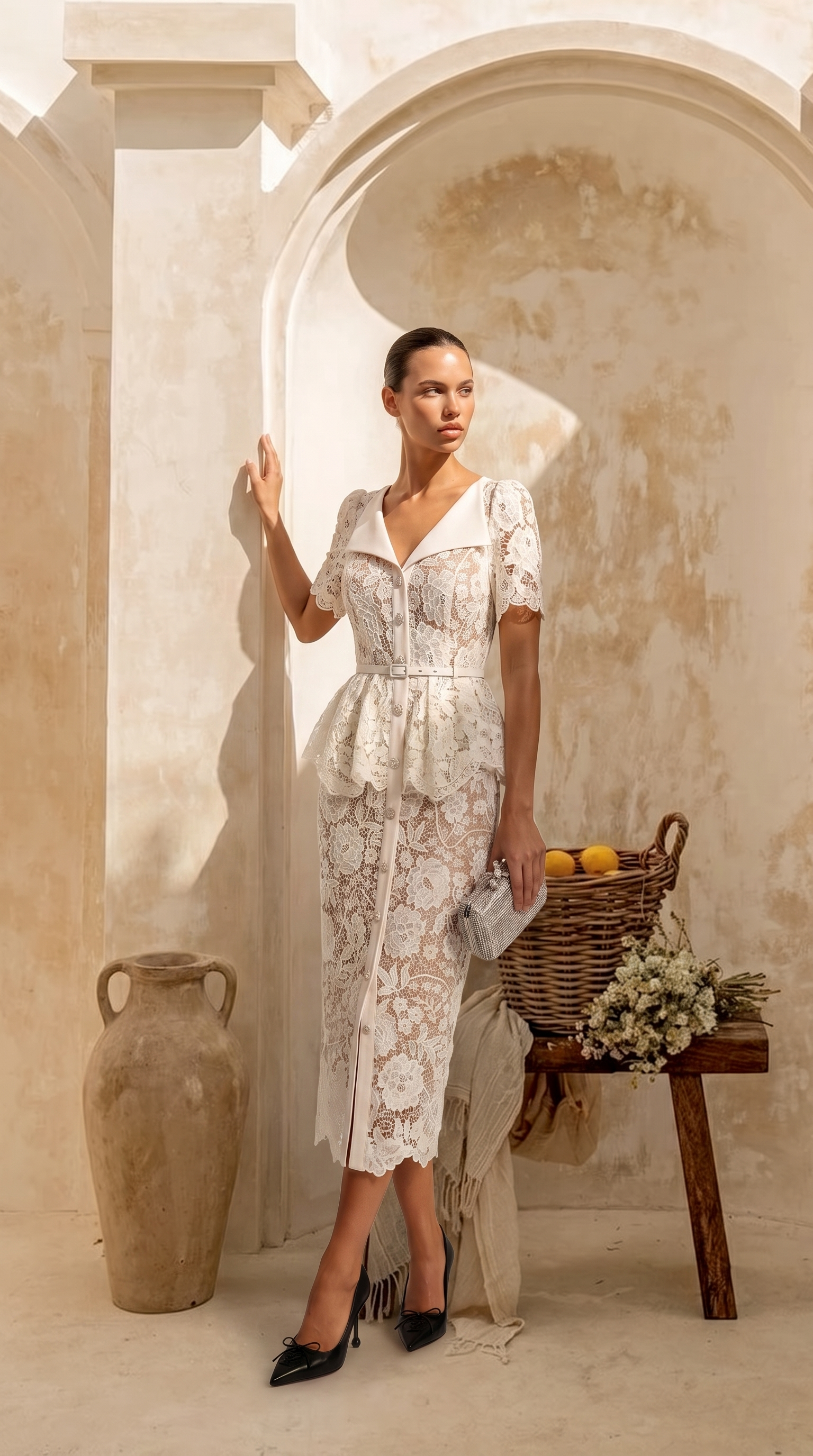 Kira Belted Peplum Lace Midi Dress
