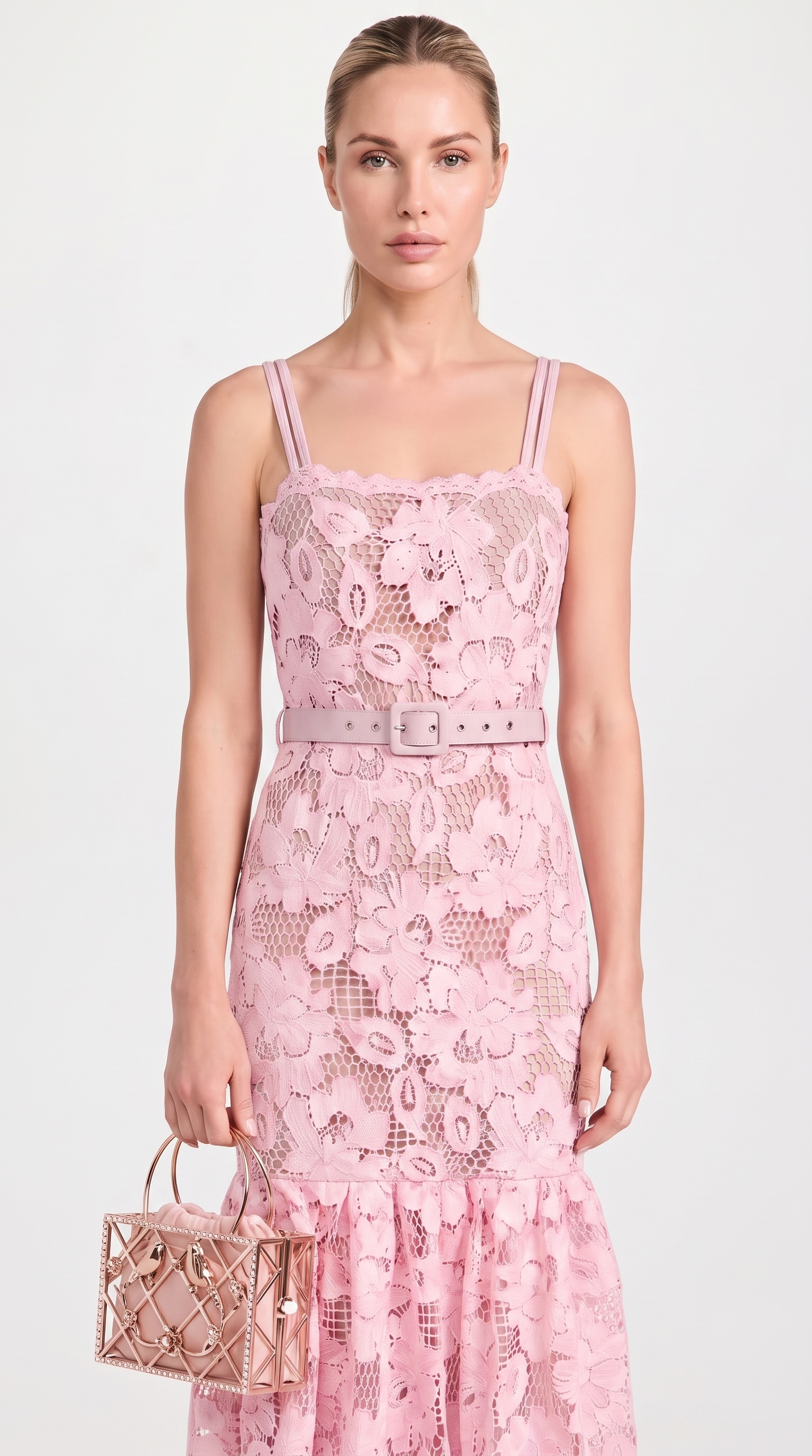 Zeli Belted Lace Flared Midi Dress