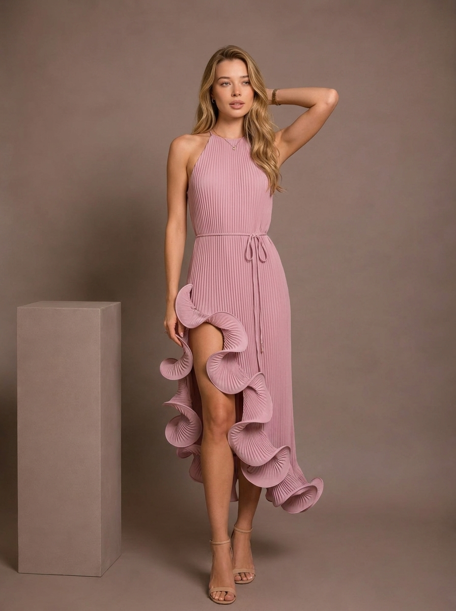 Beatrice High-Slit Ruffle Halter Dress