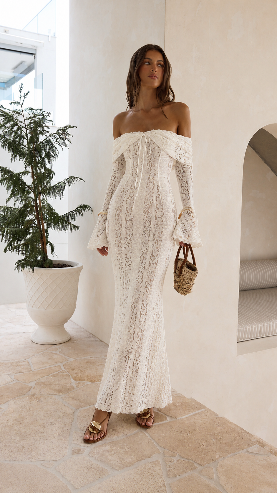 Ivory Crochet Bell Sleeve Maxi Dress