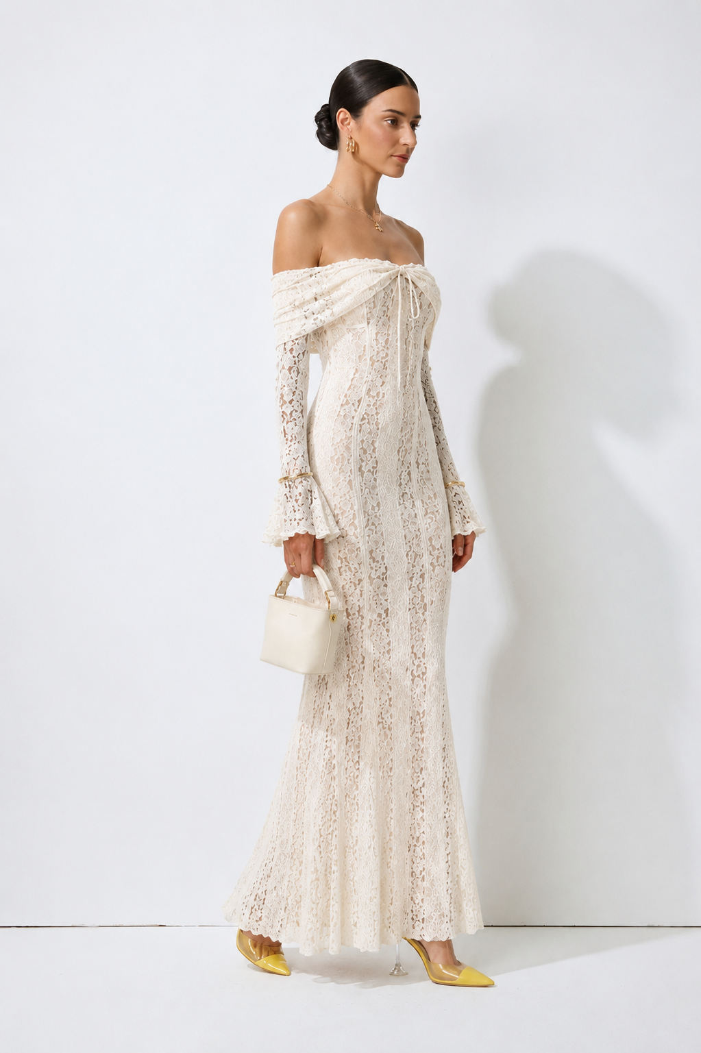 ivory bell sleeve dress Willow & Wind Sweater Dress Bell Sleeve M Ivory Womens Boho Pointelle Fit Flare